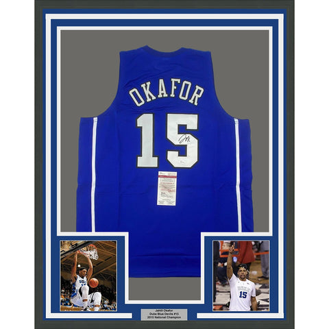 FRAMED Autographed/Signed JAHLIL OKAFOR 35x39 Duke Blue Jersey JSA COA