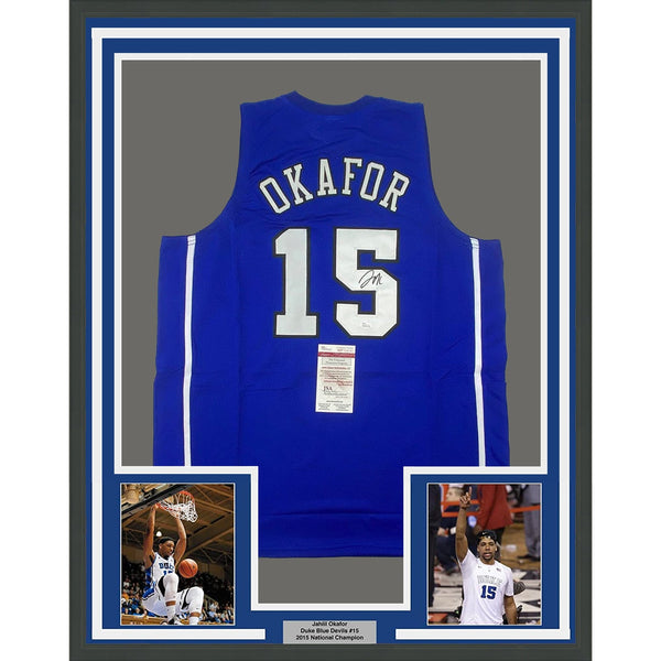 FRAMED Autographed/Signed JAHLIL OKAFOR 35x39 Duke Blue Jersey JSA COA