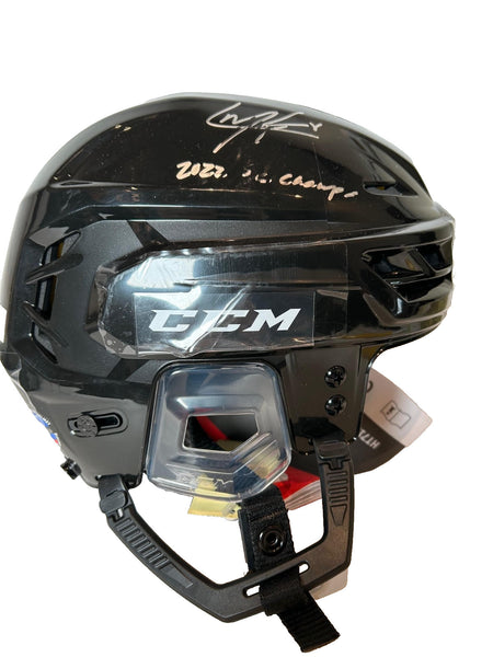 Cale Makar Autographed/Inscribed 2022 SC Champs AV's Helmet *AS-IS" Fanatics COA