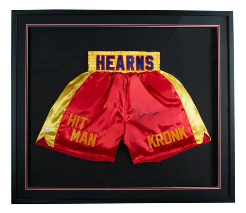 Thomas Hitman Hearns Signed Framed Custom Red/Gold Boxing Trunks JSA ITP