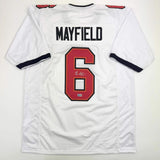 Autographed/Signed Baker Mayfield Tampa Bay White Football Jersey Beckett COA