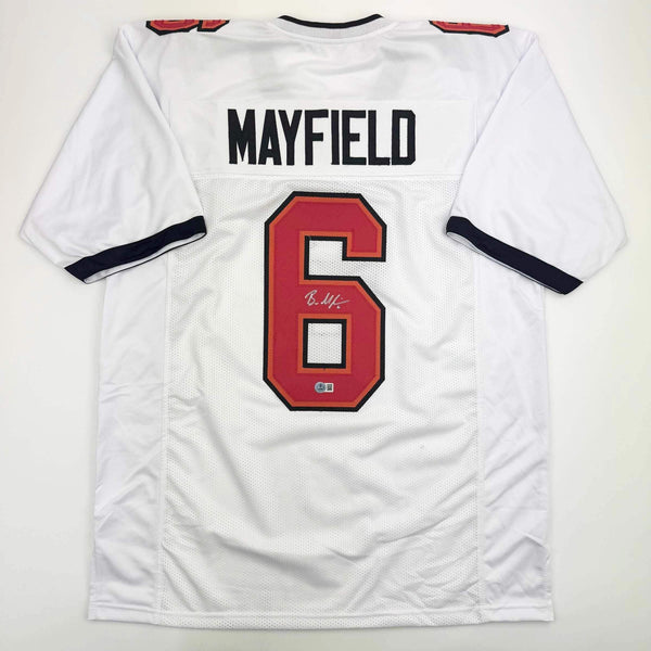 Autographed/Signed Baker Mayfield Tampa Bay White Football Jersey Beckett COA