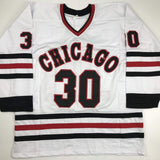 Autographed/Signed ED BELFOUR Chicago White Hockey Jersey JSA COA Auto