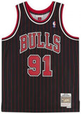Dennis Rodman Bulls Signed Black and Red Pinstripe Mitchell & Ness Rep Jersey