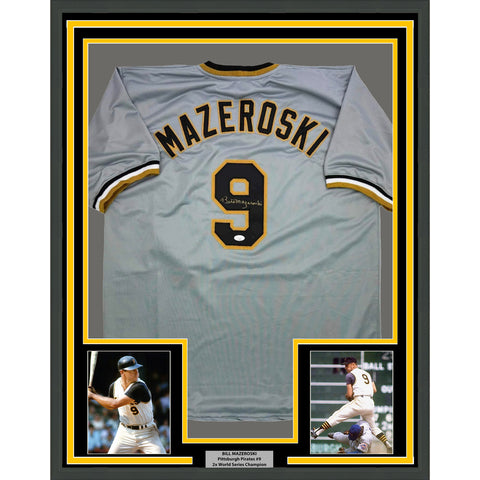 Framed Autographed/Signed Bill Mazeroski 35x39 Pittsburgh Grey Jersey JSA COA