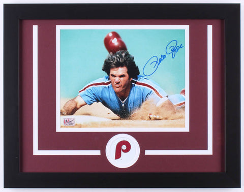 Pete Rose Signed Phillies 14" x 18" Framed Photo Display (Pete Rose Player Holo)