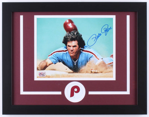 Pete Rose Signed Phillies 14" x 18" Framed Photo Display (Pete Rose Player Holo)