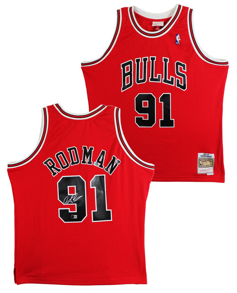 Bulls Dennis Rodman Signed Red Mitchell & Ness HWC Swingman Jersey BAS Witnessed
