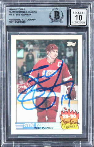Steve Yzerman Signed 1990 Topps Team Scoring Leaders #19 Card Auto 10! BAS Slab