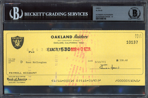 Al Davis Autographed Signed Check Raiders Owner Gem 10 Auto Beckett #15498744