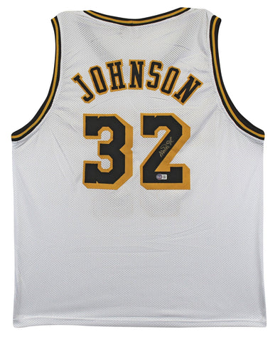 Magic Johnson Authentic Signed White Pro Style Jersey w/ Black #'s BAS Witnessed