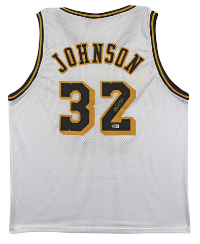 Magic Johnson Authentic Signed White Pro Style Jersey w/ Black #'s BAS Witnessed