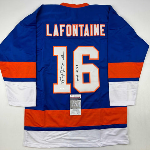 Autographed/Signed Pat Lafontaine HOF 03 New York Blue Hockey Jersey JSA COA