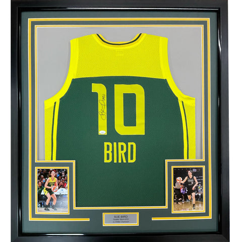 Framed Autographed/Signed Sue Bird 35x39 Seattle Green Basketball Jersey JSA COA