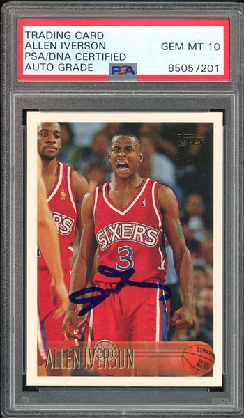1996 Topps #171 Allen Iverson RC Rookie 76ers On Card PSA/DNA Auto GEM MINT 10