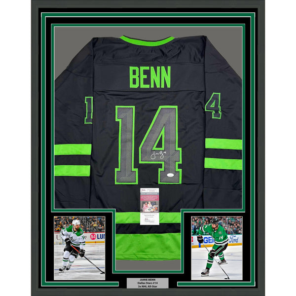 Framed Autographed/Signed Jamie Benn 35x39 Dallas Black Hockey Jersey JSA COA