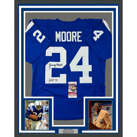 Framed Autographed/Signed Lenny Moore 33x42 HOF 75 Baltimore Blue Jersey JSA COA