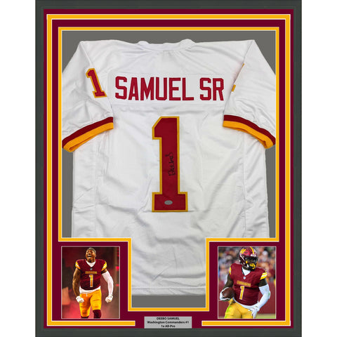 Framed Autographed/Signed Deebo Samuel 35x39 White Football Jersey JSA COA