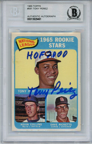 Tony Perez Autographed 1965 Topps #581 Rookie Card HOF Beckett Slab 33686