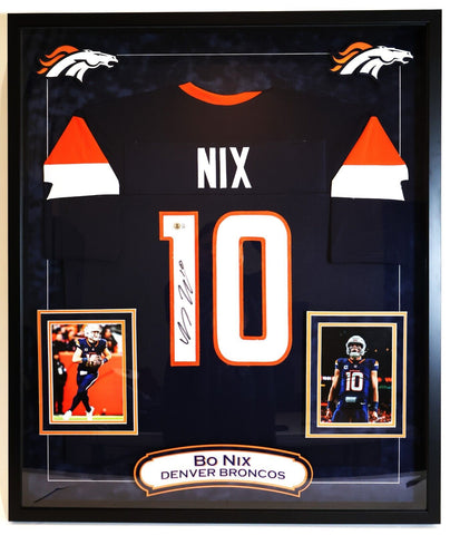 Bo Nix Autographed Custom Navy Broncos Jersey DLX Frame 33.5"Wx39.5"H BAS COA