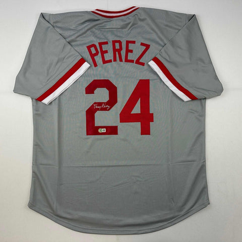 Autographed/Signed Tony Perez Cincinnati Grey Baseball Jersey Beckett BAS COA