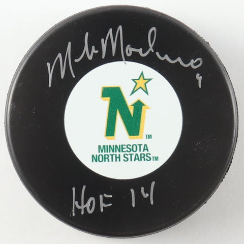 Mike Modano Signed North Stars Logo Puck with Case Inscribed "HOF 14" (JSA COA)