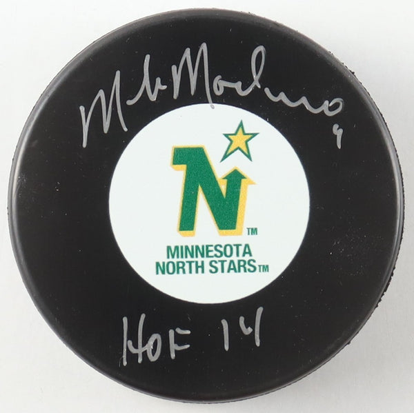 Mike Modano Signed North Stars Logo Puck with Case Inscribed "HOF 14" (JSA COA)