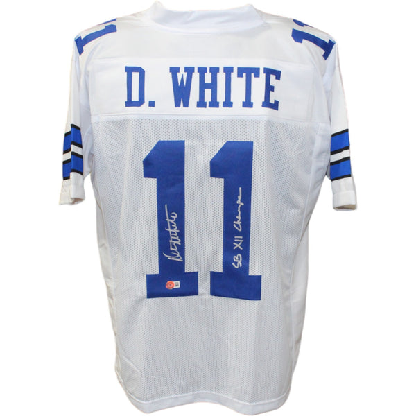 Danny White Autographed Pro Style White XL Jersey Insc. Beckett 44379