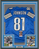 Framed Autographed/Signed Calvin Johnson 35x39 Detroit Blue Jersey JSA COA