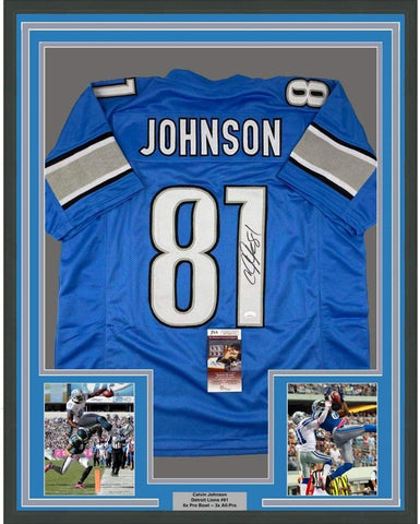 Framed Autographed/Signed Calvin Johnson 35x39 Detroit Blue Jersey JSA COA