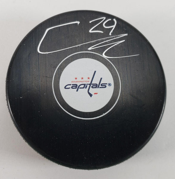 Connor McMichael Signed Washington Capitals Logo Puck (JSA COA) 2023 Calder Cup
