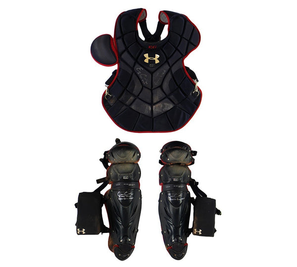 Evan Gattis Signed Game Used Red & Navy Under Armor Catchers Gear -2014 Game Use