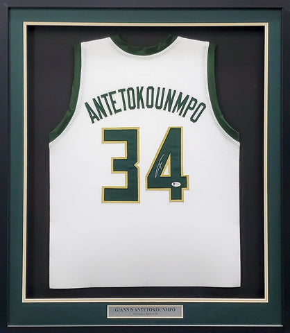 BUCKS GIANNIS ANTETOKOUNMPO AUTOGRAPHED FRAMED WHITE JERSEY BECKETT 197165