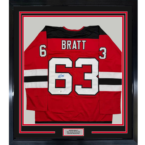 Framed Autographed/Signed Jesper Bratt 35x39 Red Jersey Beckett BAS COA