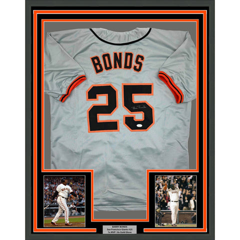Framed Autographed/Signed Barry Bonds 35x39 San Francisco Grey Jersey JSA COA