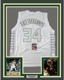 Framed Autographed/Signed Giannis Antetokounmpo 33x42 White Ice Jersey JSA COA