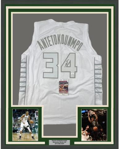 Framed Autographed/Signed Giannis Antetokounmpo 33x42 White Ice Jersey JSA COA