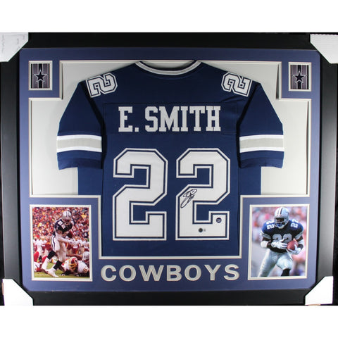 Emmitt Smith Autographed Pro Style Blue XL Framed Jersey 35x43 Beckett 53080