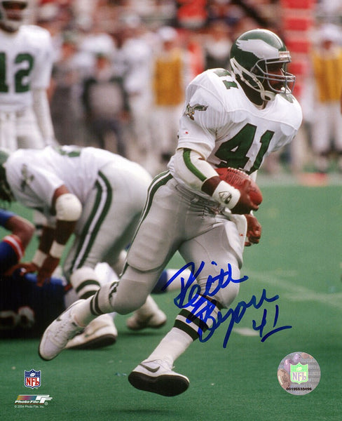 Keith Byars Signed Eagles White Jersey Action 8x10 Photo - (SCHWARTZ COA)