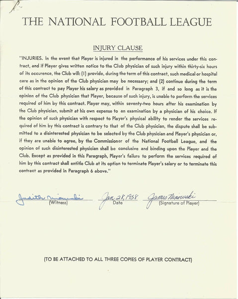 Jim Ninowski Cleveland Browns Signed/Autographed 1958 NFL Injury Clause 150382