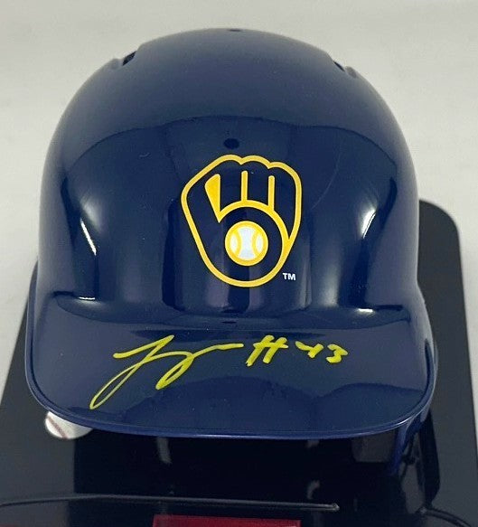 Milwaukee Brewers LOGAN HENDERSON Signed Rawlings BLUE Mini Helmet AUTO - BAS