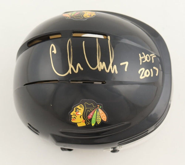 Chris Chelios Signed Chicago Blackhawks Mini Helmet Inscribed "HOF 2013" Beckett