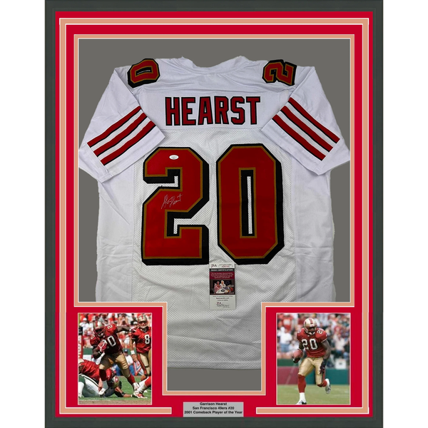 Framed Autographed/Signed Garrison Hearst 33x42 White Football Jersey JSA COA