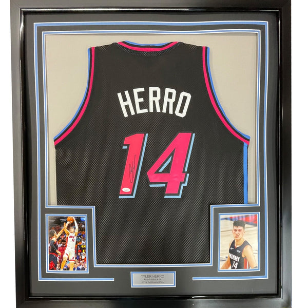 Framed Autographed/Signed Tyler Herro 35x39 Black Vice City Jersey JSA COA