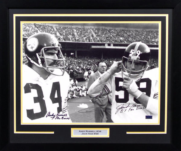 JACK HAM & ANDY RUSSELL SIGNED PITTSBURGH STEELERS 16x20 FRAMED PHOTO JSA