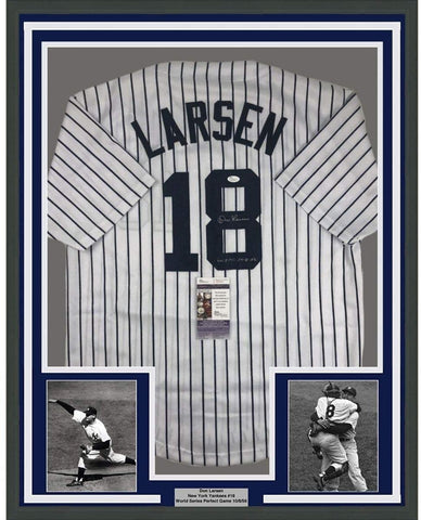 FRAMED Signed DON LARSEN 35x39 New York Pinstripe Jersey JSA COA