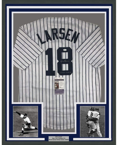 FRAMED Signed DON LARSEN 35x39 New York Pinstripe Jersey JSA COA