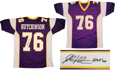 VIKINGS STEVE HUTCHINSON AUTOGRAPHED PURPLE JERSEY "HOF 20" BECKETT QR 201206