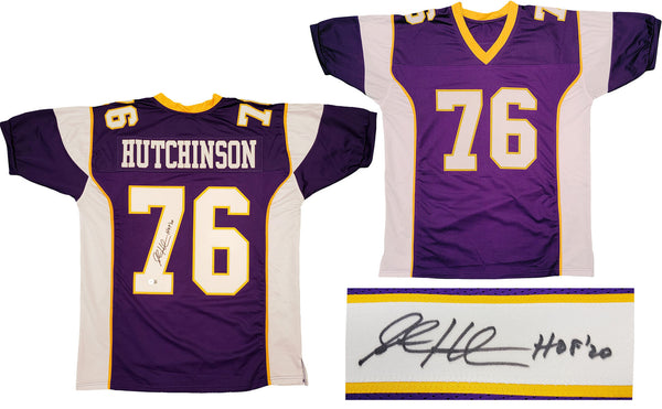 VIKINGS STEVE HUTCHINSON AUTOGRAPHED PURPLE JERSEY "HOF 20" BECKETT QR 201206
