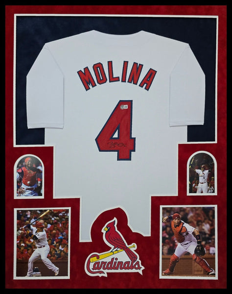 SUEDE FRAMED ST LOUIS CARDINALS JAVIER MOLINA AUTOGRAPHED JERSEY BECKETT HOLO